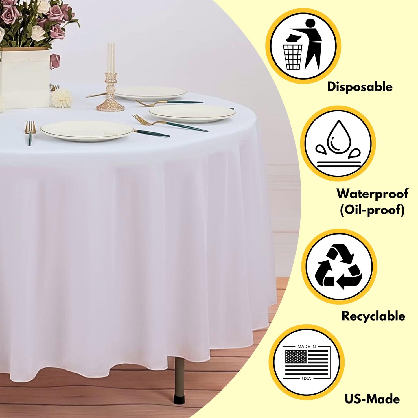Cozy Luxe Home 10-Pack 82in White Round Paper Tablecloths Disposable | Table Cloth Cover with Plastic Backing | Elegant and Easy Cleanup Round Table Cover for Any Events