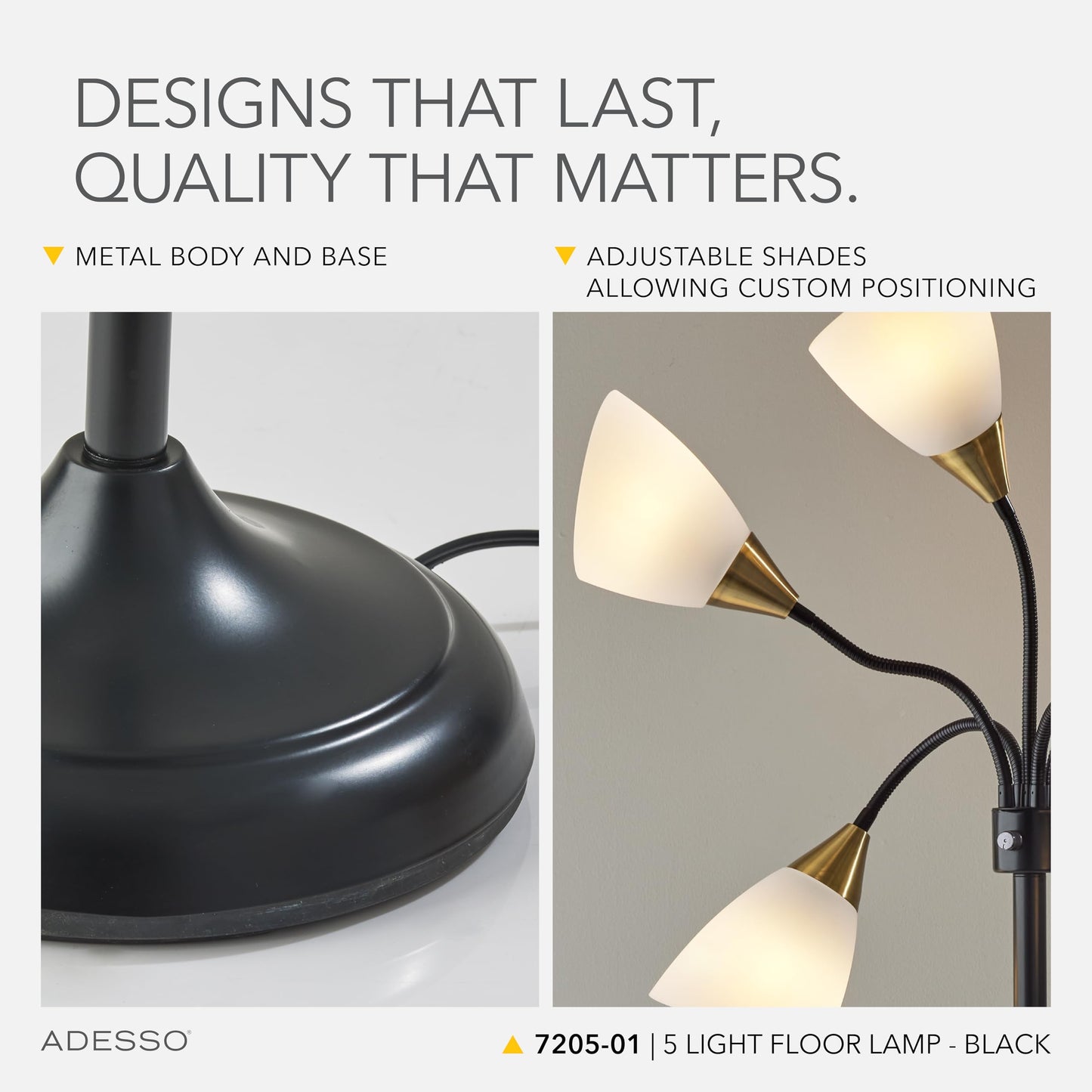 Adesso Floor Lamp with 5 Movable Shades & Adjustable Brightness – Perfect Lighting for Bedroom Decor, Beauty & Art Studio, Black