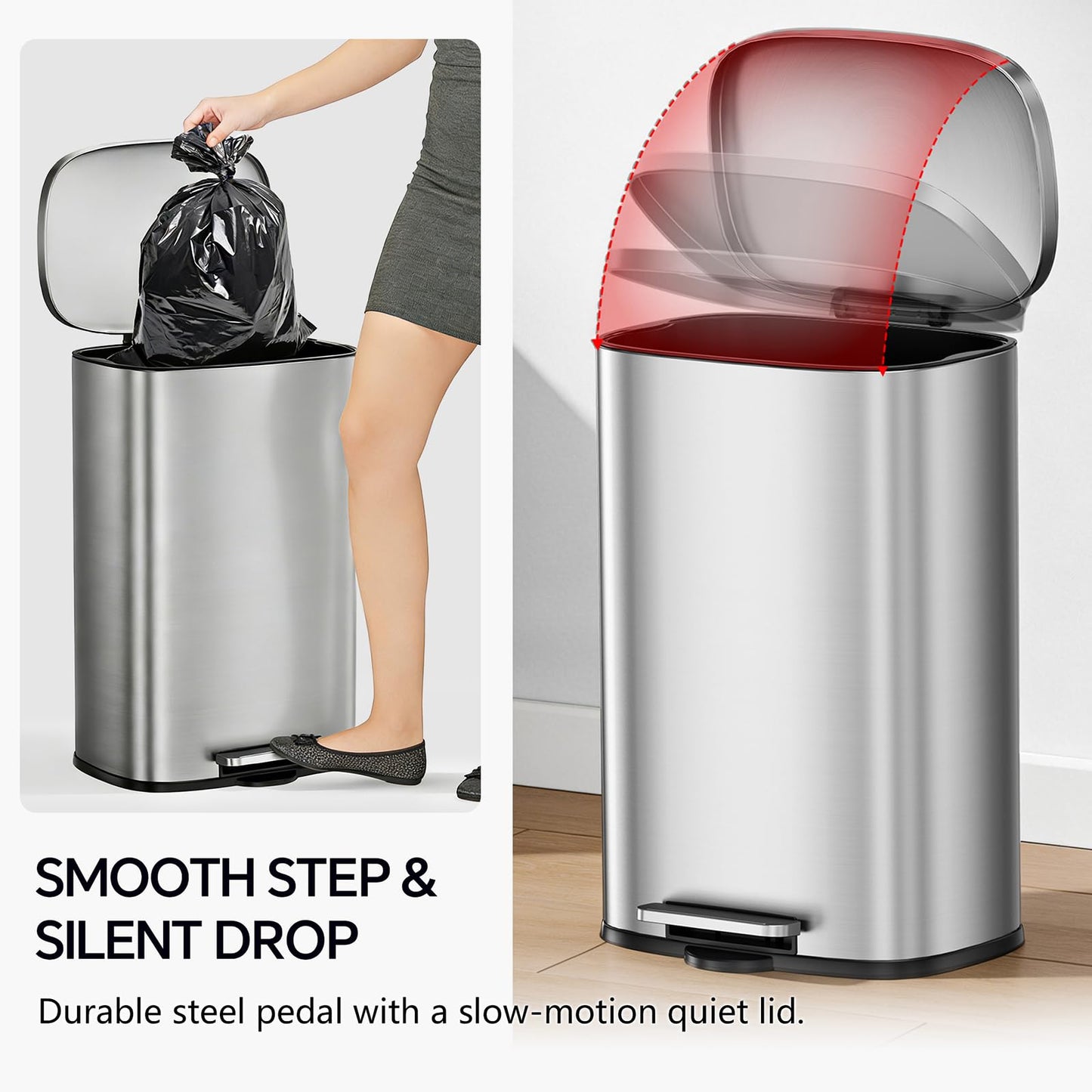 ZABINS 13 Gallon Trash Can (50L) and 1.6 Gallon (6L) Kitchen Trash Can Combo Set, Stainless Steel Garbage Can with Lid and Step-on Pedal, Soft Close Waste Bin with Inner Bucket for Home & Office
