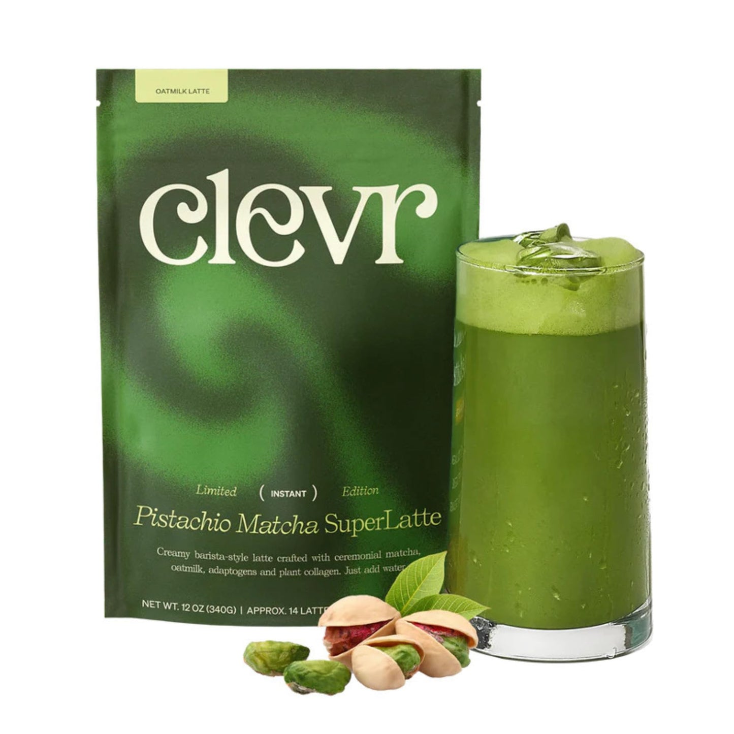 Clevr Pistachio Matcha SuperLatte, Organic Ceremonial Grade, Instant Superfood Powder Blend with Lions Mane, Reishi Mushroom, Coconut Cream, Ashwagandha, Serve Hot or Iced (14 Lattes)