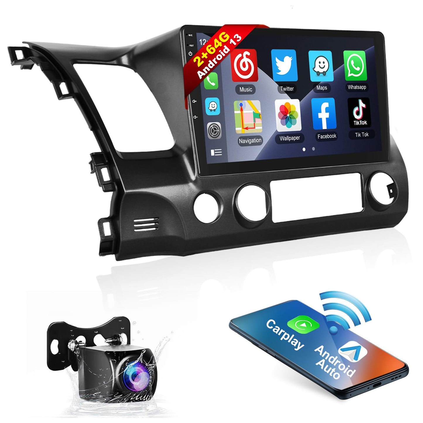 Podofo Car Stereo for Honda Civic 2006-2011 with Wireless Apple Carplay Android Auto,10.1 Inch Android Touchscreen Car Radio with GPS,Bluetooth,FM/RDS Radio,Mirror Link,HiFi + AHD Backup Camera 2G+64G