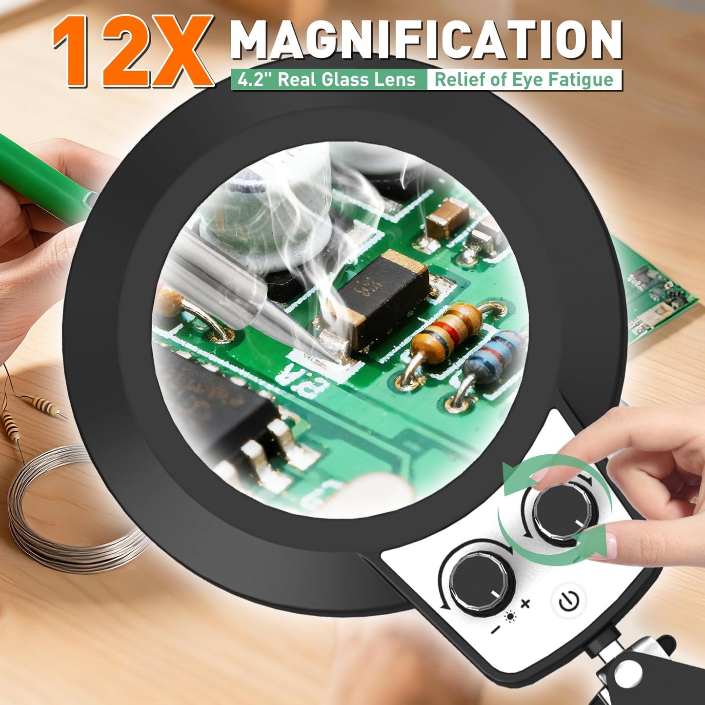 KMDES 12X Magnifying Glass with Light and Stand, Extended Long Arm Magnifying Lamp for Close Work, Craft, Sewing, Workbench, Repair, Knob Lighted Magnifier Desk Light Adjustable Color and Brightness