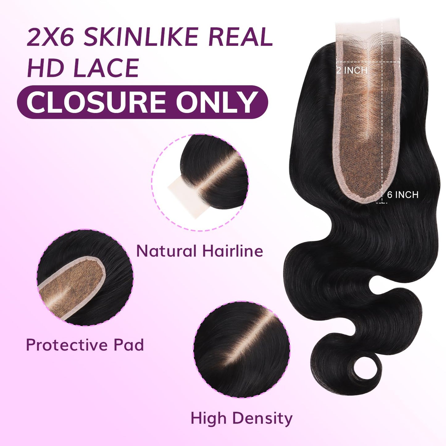 IDN BEAUTY SKINLIKE REAL HD 2X6 Lace Closure Human Hair 14 Inch Body Wave Closure Bleached Single Knots HD Closure Ultra-thin 2x6 Lace Closure Virgin Human Hair 0.1 mm Pre Plucked Hairline Closure