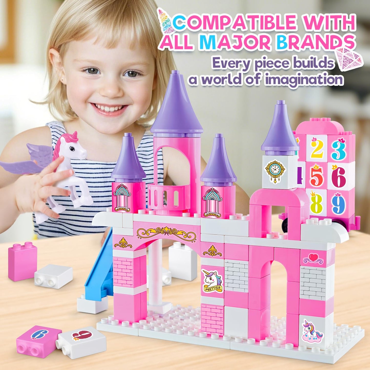 Classic Building Blocks for Toddlers - Compatible with Major Brands, Unicorn Theme Princess Castle & Number Trains Classic Bricks, Creative Educational Buildable Kits for Girls Boys Ages 3, 4, 5, 6-12