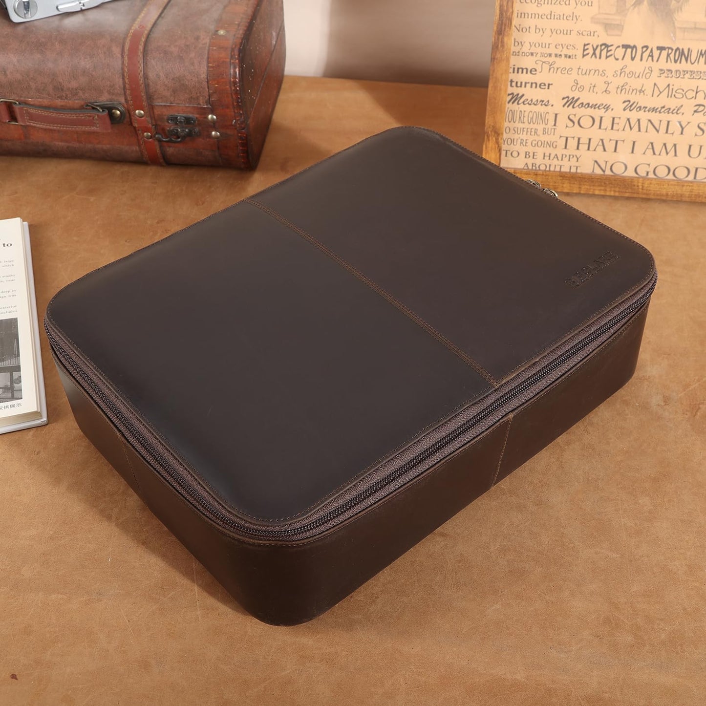 Polare Full Grain Leather Document Organizer Bag Storage Cabinet Box Portable Home Business Safe Folder with Lockable YKK Zipper