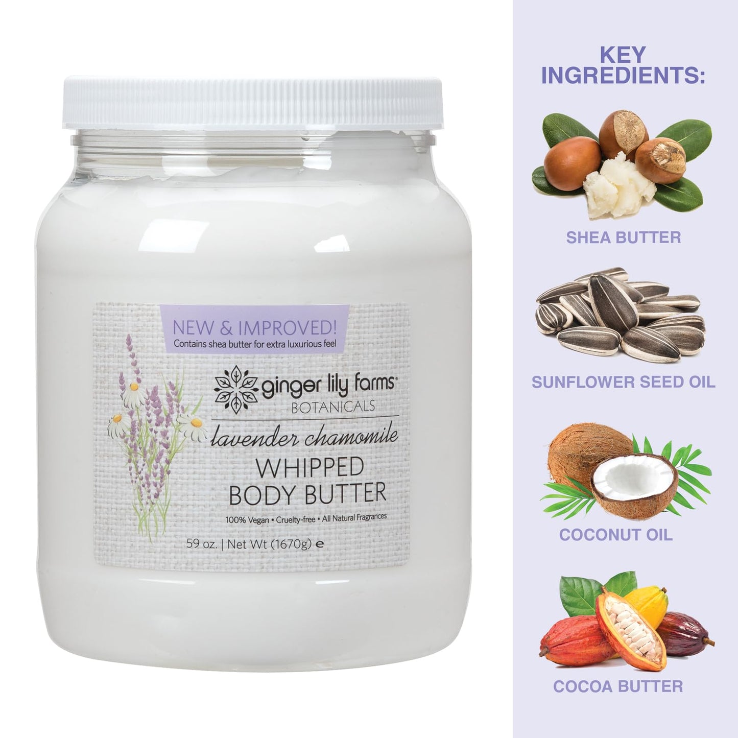 Ginger Lily Farms Botanicals Whipped Body Butter for Dry Skin, Ultra-Hydrating, 100% Vegan & Cruelty-Free, Lavender Chamomile, 59 Ounces