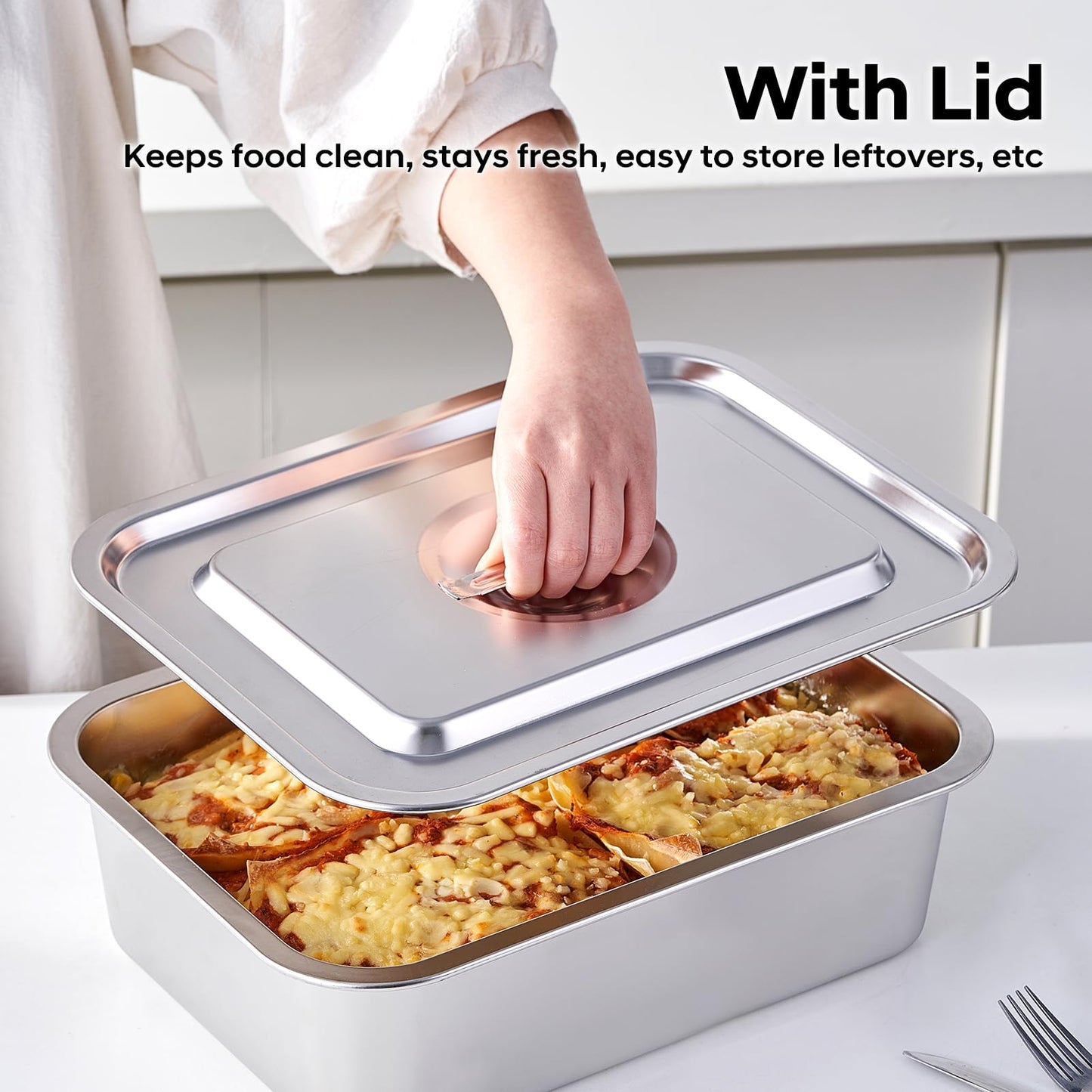 4-Piece 4 Inch Extra Deep Lasagna Pan with Lid, 11.6x15.6 Inch 9.2QT Large Stainless Steel Nonstick Lasagna Baking Roasting Dish Pan for Oven(L, 2 Pack)