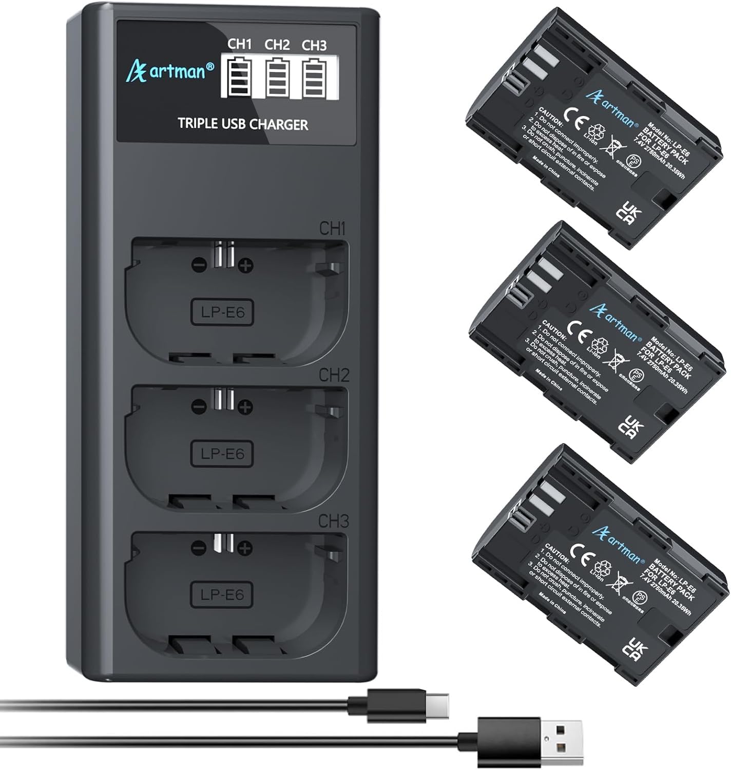 Artman LP-E6N LP-E6 Battery 3-Pack 2750mAh and 3-Slot LCD Charger for EOS R R5 R6 R7, R5 C, R6 Mark II,EOS 5D Mark II III IV,5D SR,6D Mark II 7D Mark II,6D 7D 90D 80D 70D 60D 60DA,XC10 XC15 Camera