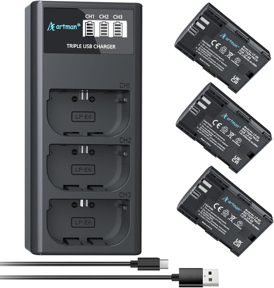 Artman LP-E6N LP-E6 Battery 3-Pack 2750mAh and 3-Slot LCD Charger for EOS R R5 R6 R7, R5 C, R6 Mark II,EOS 5D Mark II III IV,5D SR,6D Mark II 7D Mark II,6D 7D 90D 80D 70D 60D 60DA,XC10 XC15 Camera