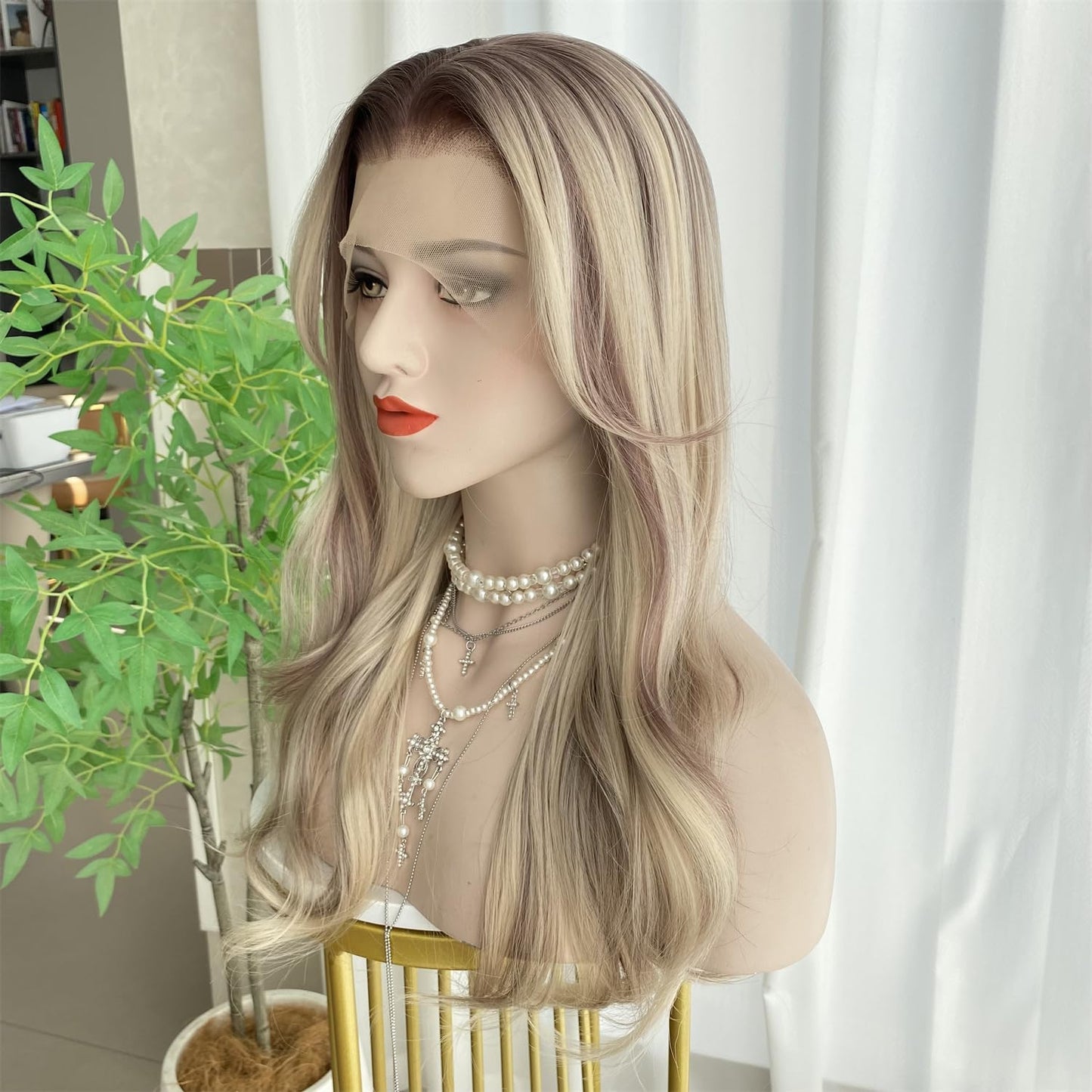 VASTCURY Ash Blonde and Light Brown wigs Highlight with Curtain Bangs 13x4 Lace Front Wig Long Wavy Synthetic Fiber 20Inch Pre Plucked Hairline for Women