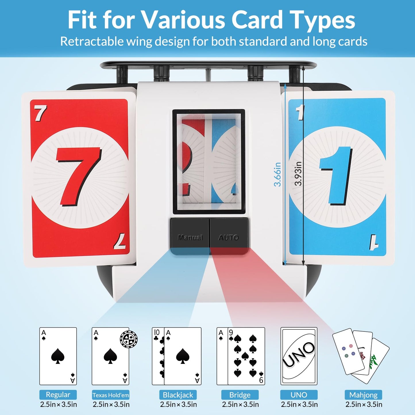 Automatic Card Shuffler 1-2 Deck Electric Shuffling Machine, AUTO & Manual Mode, Portable Shuffler Low Noise with 2000mAh Rechargeable Battery for UNO, Poker, Mahjong, Bridge, Spades, Rummy, Casino