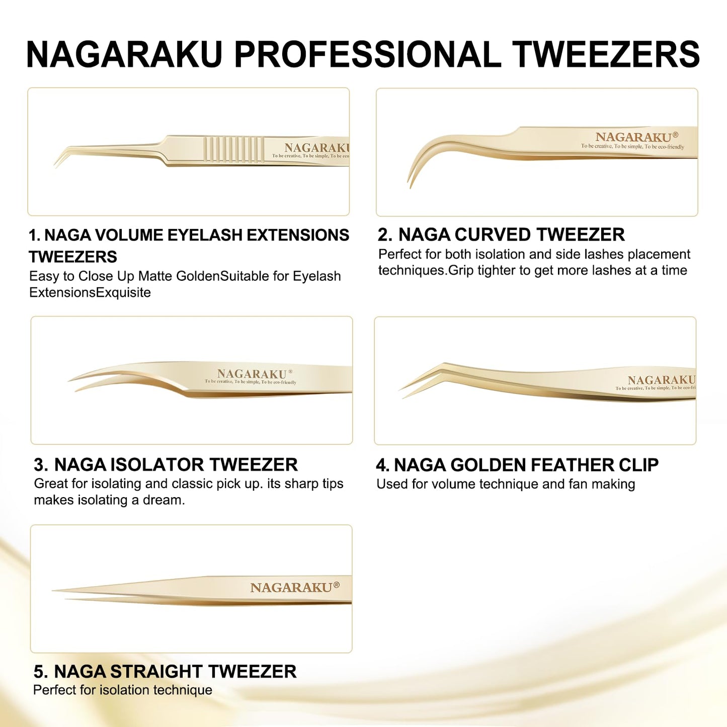 NAGARAKU 5 PCS Tweezers for Eyelash Extensions Straight and Curved Precision Professional Volume Easy Fanning lash Precise Point with Storage Case Bag