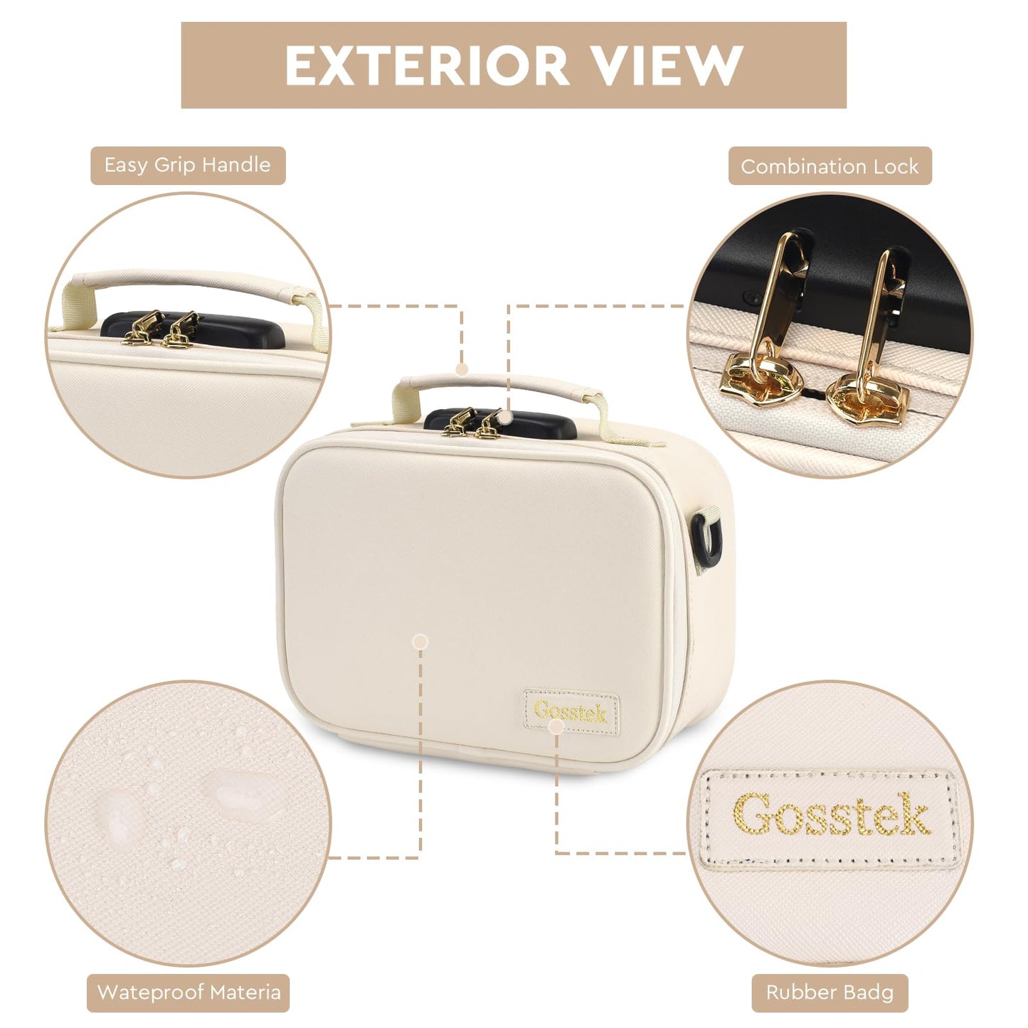 Gosstek PU Leather Storage Bag with 10 PCS Accessories, Portable Cosmetic Box Case with Lock and Great Gift for Women, Childproof Organization Container Box 9 X 6 X 4 Inches (Beige)