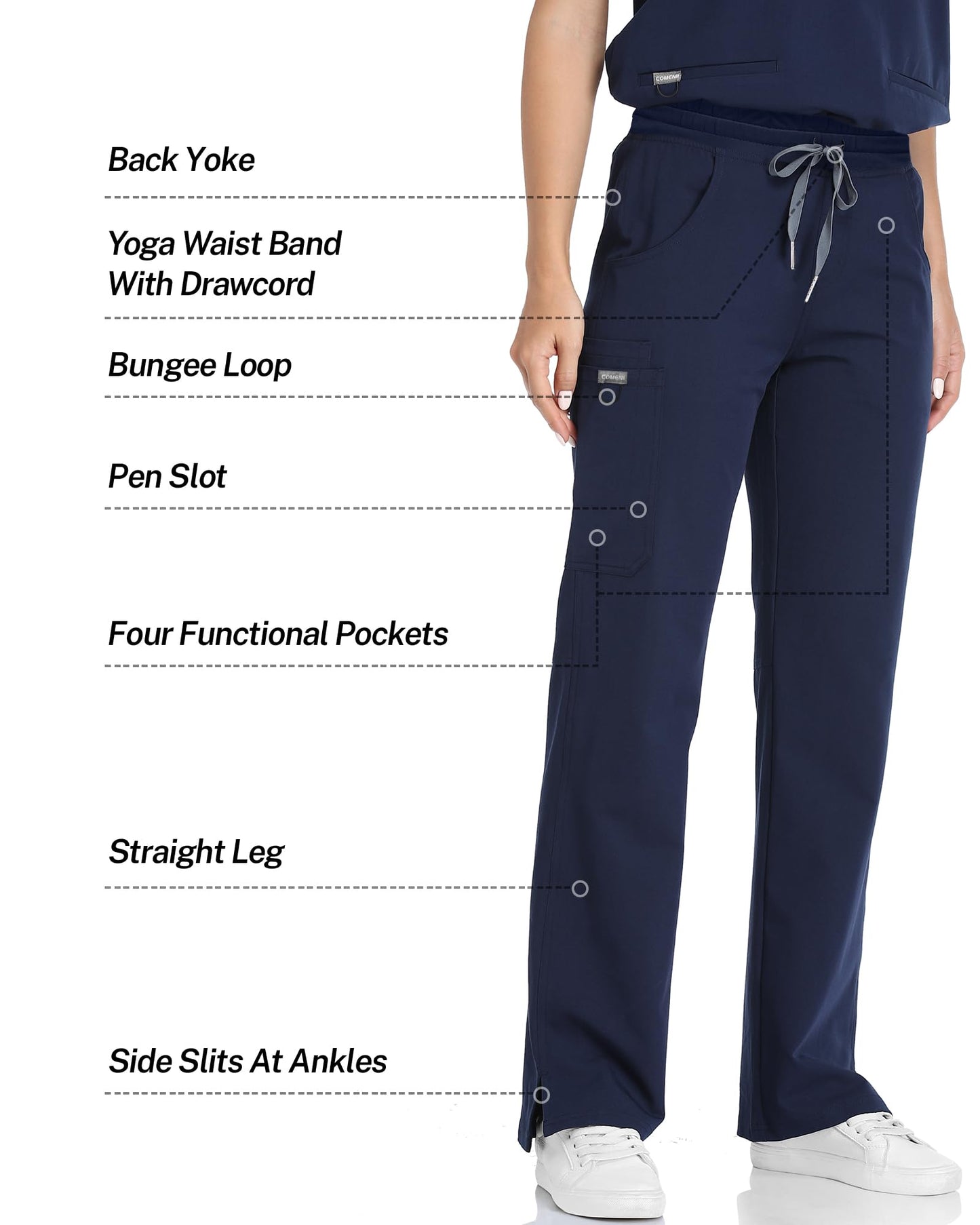 COMENII Scrubs for Women, Mid Rise Straight Leg Cargo Scrubs Pants with Knit Yoga Waistband, Anti-Wrinkle Womens Scrubs Pants-1-R-Navy M
