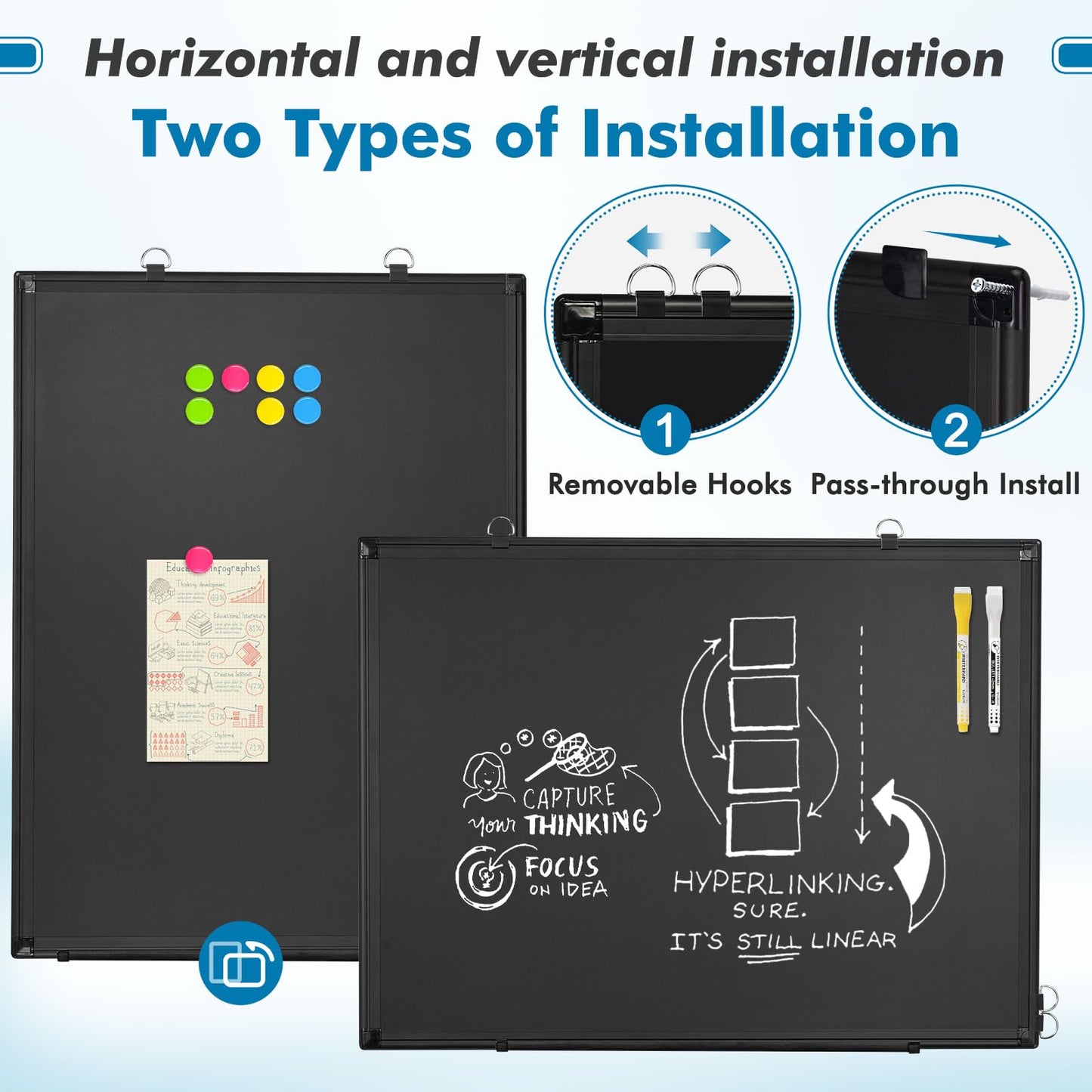 Magnetic Chalk Board, 36“x24” Black Chalkboard Double-Sided Dry Erase Board Magnetic Blackboard for Wall, Black Framed Small Chalk Board Home, School, Office, Kitchen