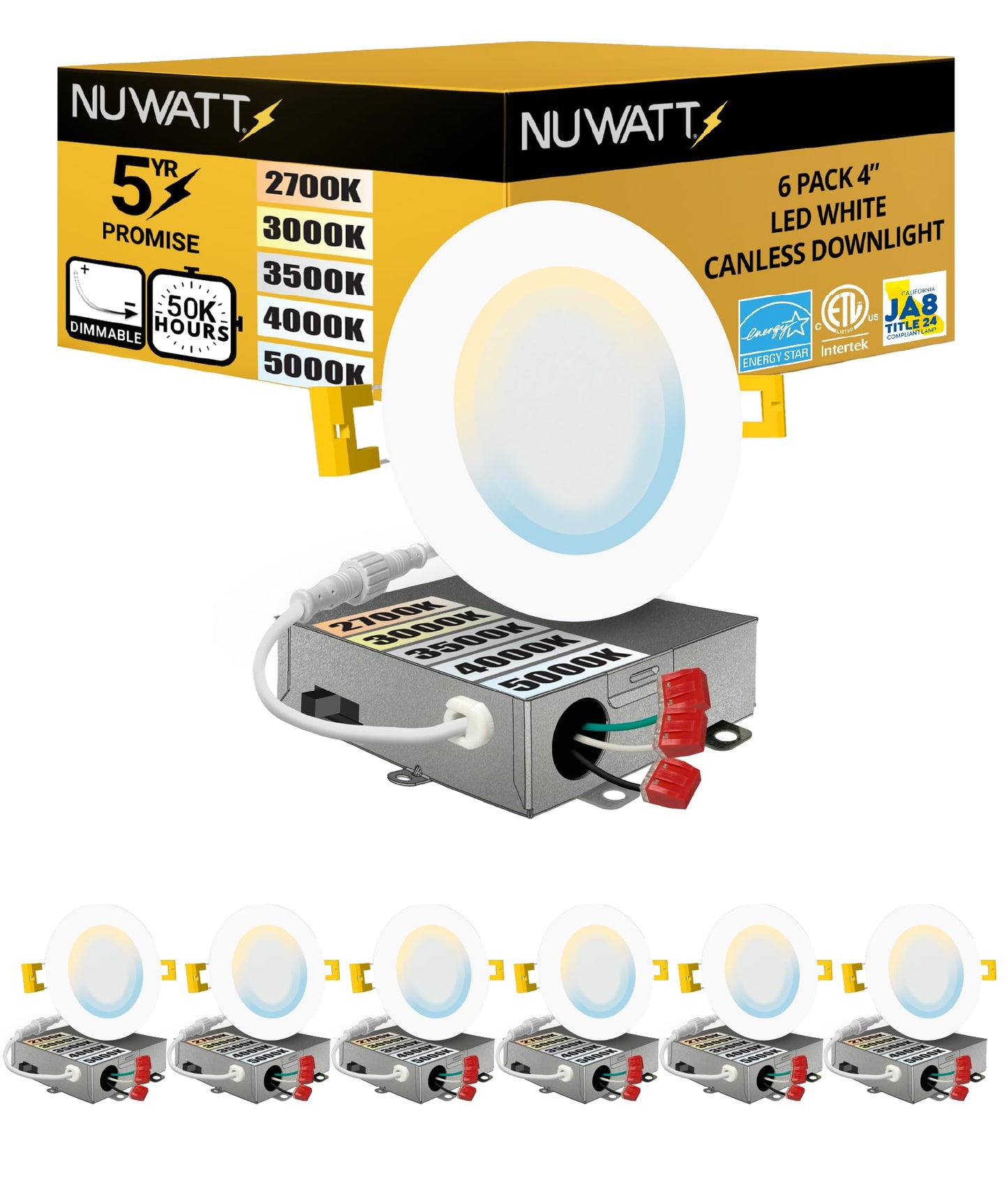 NUWATT 6 Pack, 4 Inch Ultra-Thin LED Recessed Lighting, 5CCT 2700K/3000K/3500K/4000K/5000K Selectable, 630LM, 9W, IC Rated, Dimmable Slim Panel Light, White Trim Canless Wafer with Junction Box, ETL