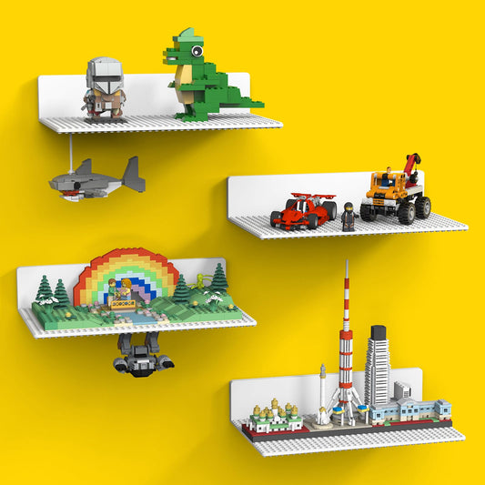 BlissBox 4-Pack Large Display Shelves for Wall Compatible with Lego Building Bricks, 11.3x6.3inch Dual-Sided 36x20 Studs for Brick Display and Storage, for Medium & Large Brick Builds, White