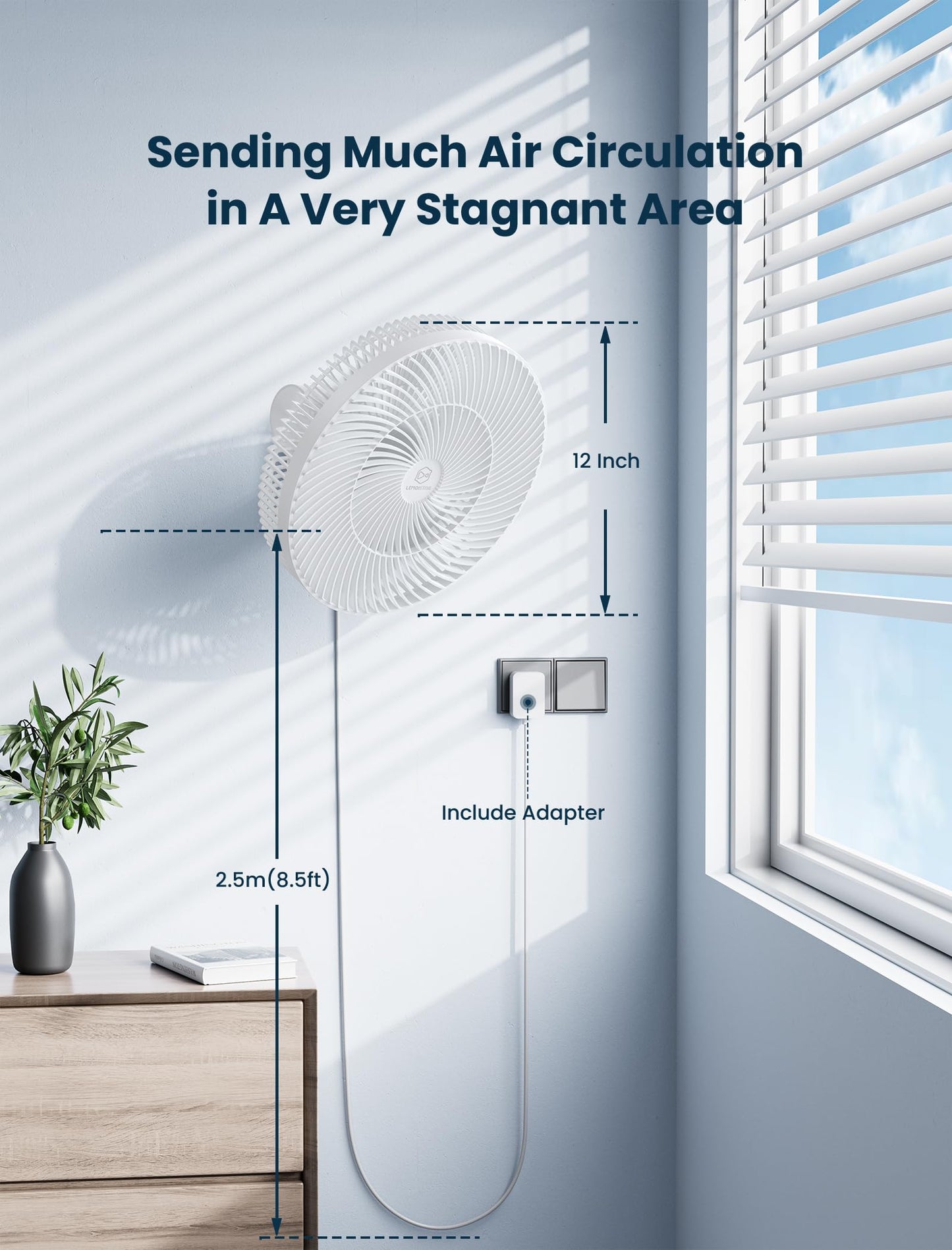 12" Wall-Mounted Oscillating Fan with Remote & Timer, Compact Bedroom/RV Fan - 4 Speeds, Quiet 90°Rotation, Adjustable Tilt, 8.2 ft Cord for Bathroom & Home Cooling, Include Adapter, Easy to Clean