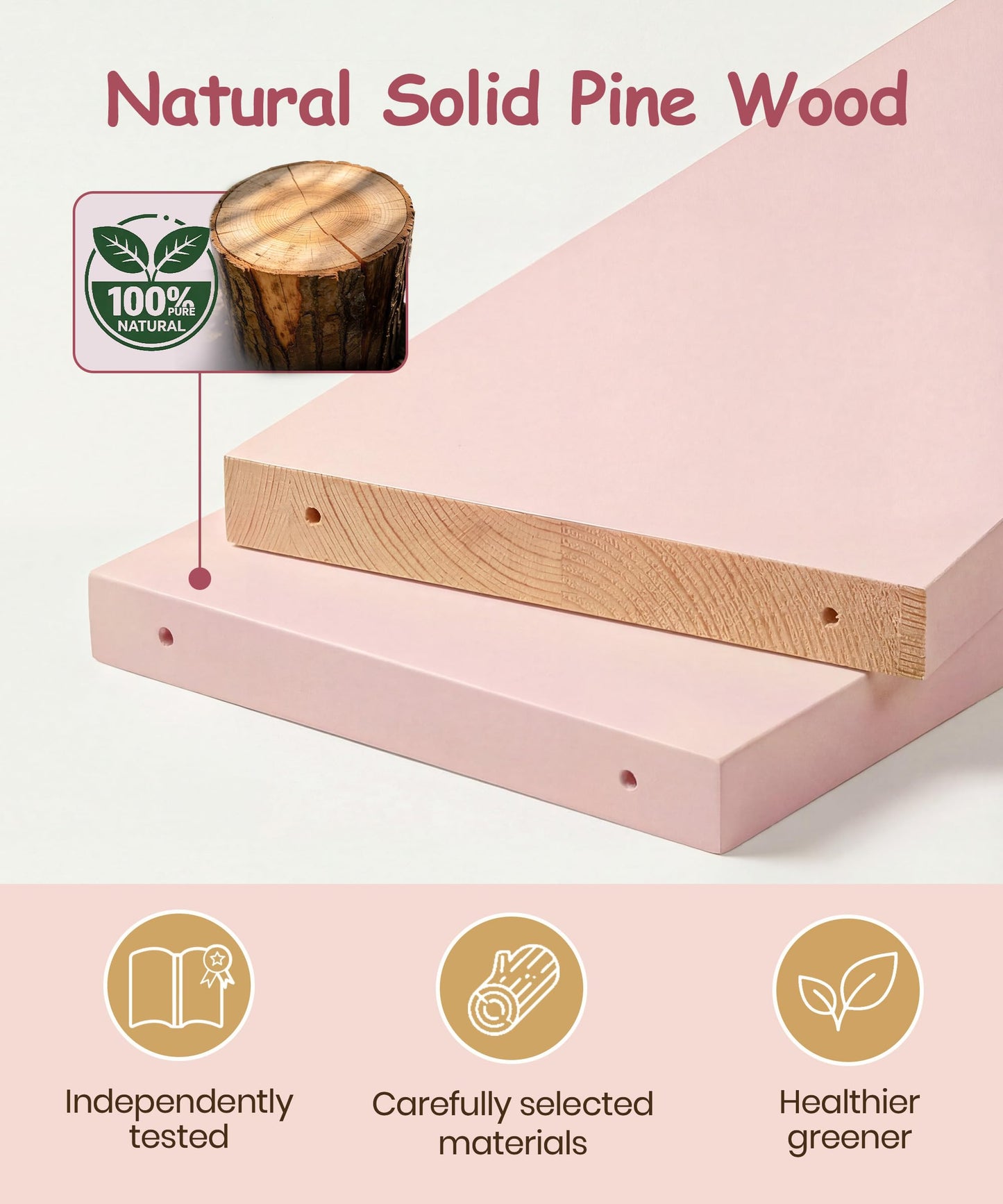 Mazjoaru Nursery Book Shelves for Wall Set of 3, Pink Natural Wood Bookshelf Wall Decor, Small Floating Shelf Organizer for Kids Room, Bedroom, Kitchen Spice Rack