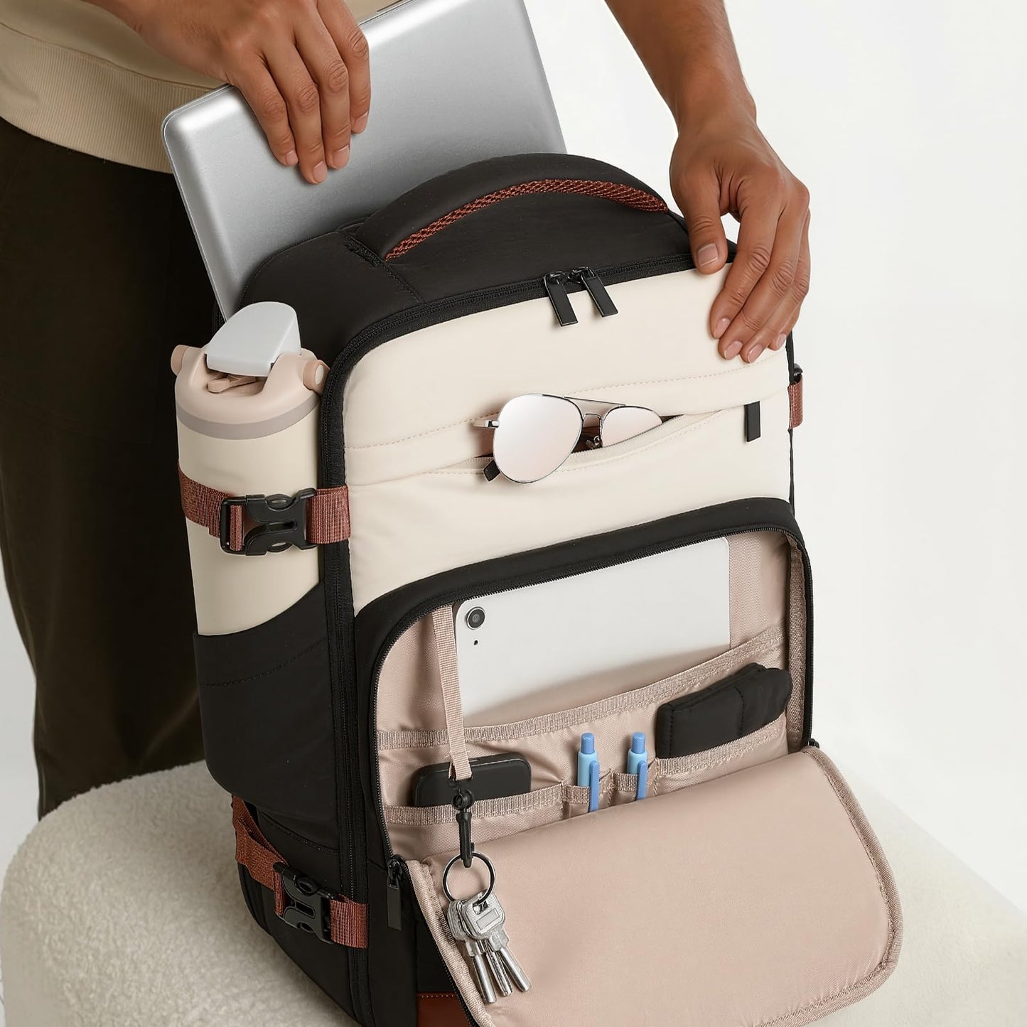 mibasies 30L Travel Backpack for Women & Men: Flight Approved Carry On Backpack, TSA Personal Item Bag with Water Bottle Pocket, Weekender Essentials Backpacks fits 15.6" Laptop - Black White Brown