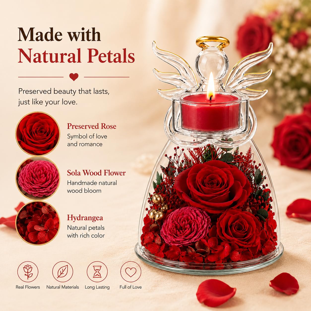 Agrul Birthday Gifts for Wife Girlfriend Women, Preserved Red Rose in Glass Angel Candle Holder, Romantic for Her, Forever Flower Home Decor