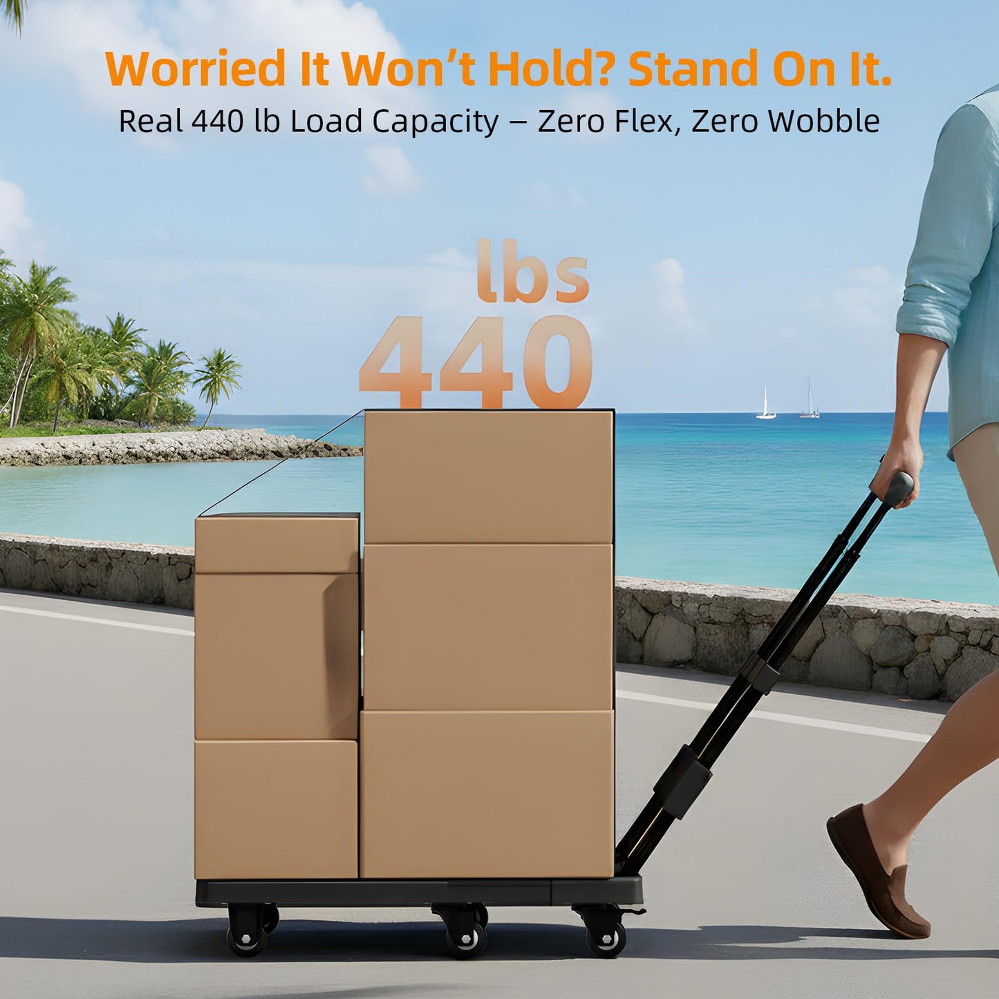 TROOZY Dolly Cart with 6 Wheels 440lbs, Folding Hand Truck with Upright Lock and 2 Elastic Straps, Extendable Heavy Duty Utility Cart for Luggage, Airport, Office & Dorm, Carrito de Carga