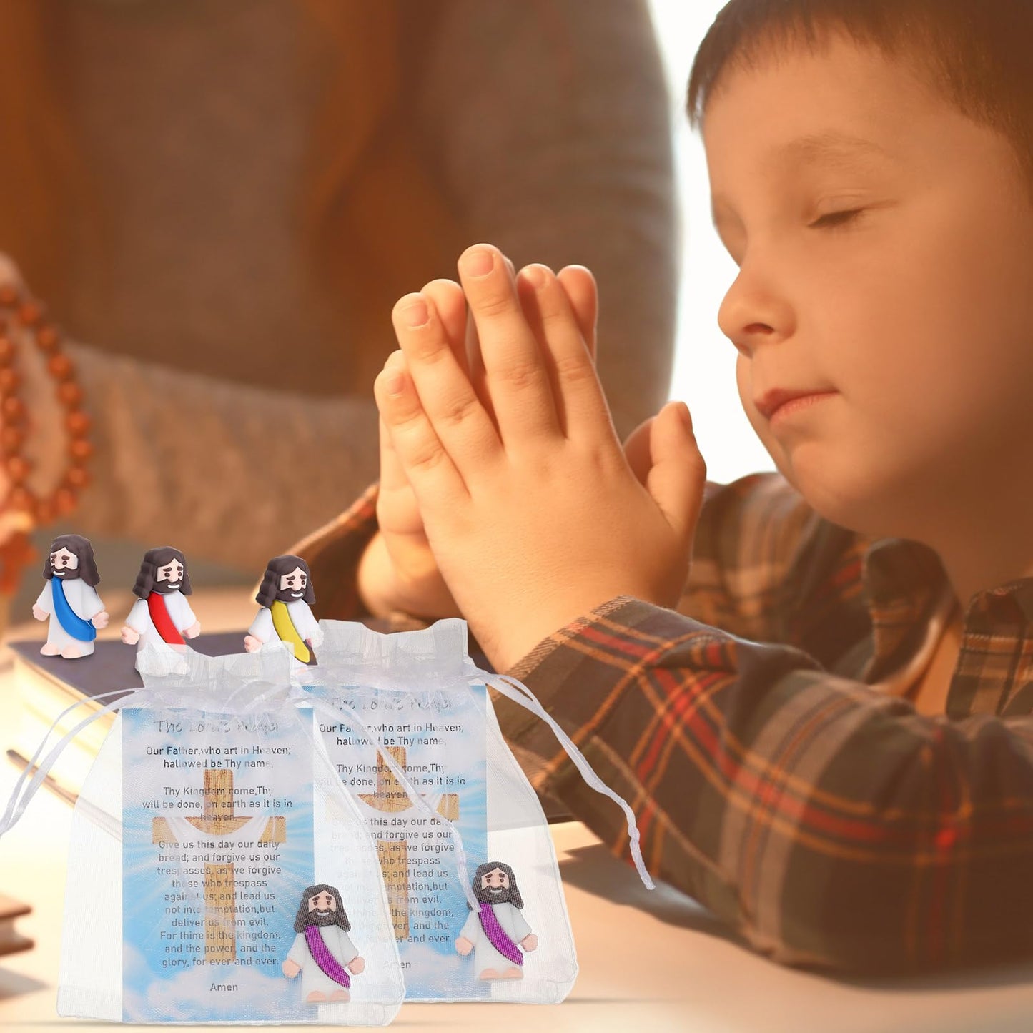 Barydat 150 Set Mini Jesus Easter Figures Little Jesus Toys Bulk Religious Christian Doll with 150 Prayer Cards and 150 Organza Bags for Sunday School Church Mother's Day Baptism Gift(Multicolor)