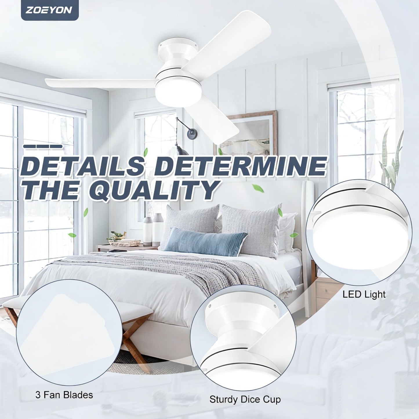 ZOEYON Ceiling Fans with Lights - 42 Inch Low Profile Ceiling Fan with Light and Remote Control, Reversible, 3CCT Dimmable, Noiseless, White Small Flush Mount Ceiling Fan for Bedroom Indoor/Outdoor