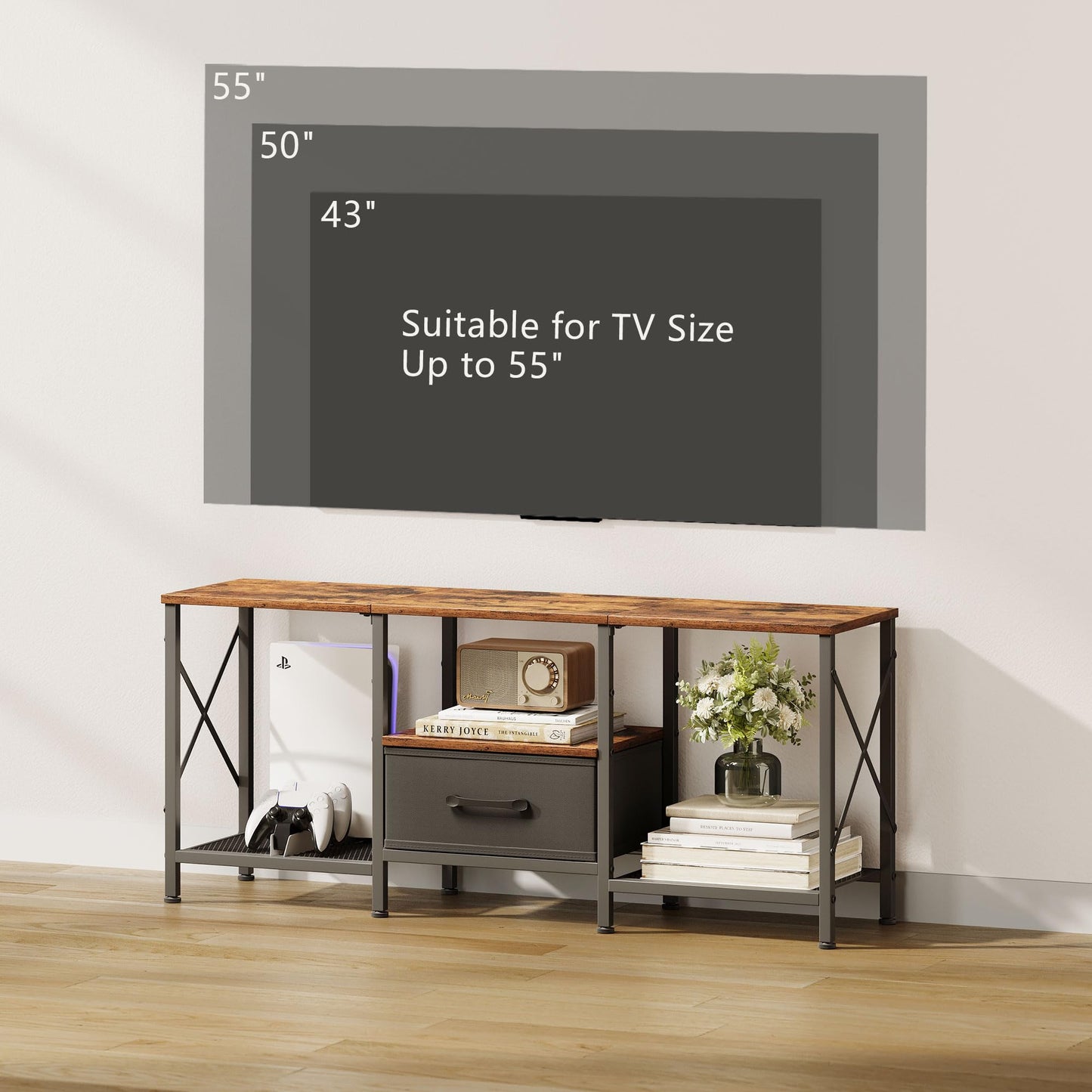 JARHETUN TV Stand with Fabric Drawer, Entertainment Center for 50 55 Inch TV, Industrial TV Console Table with Open Storage Shelves for Living Room, Bedroom, Rustic Brown