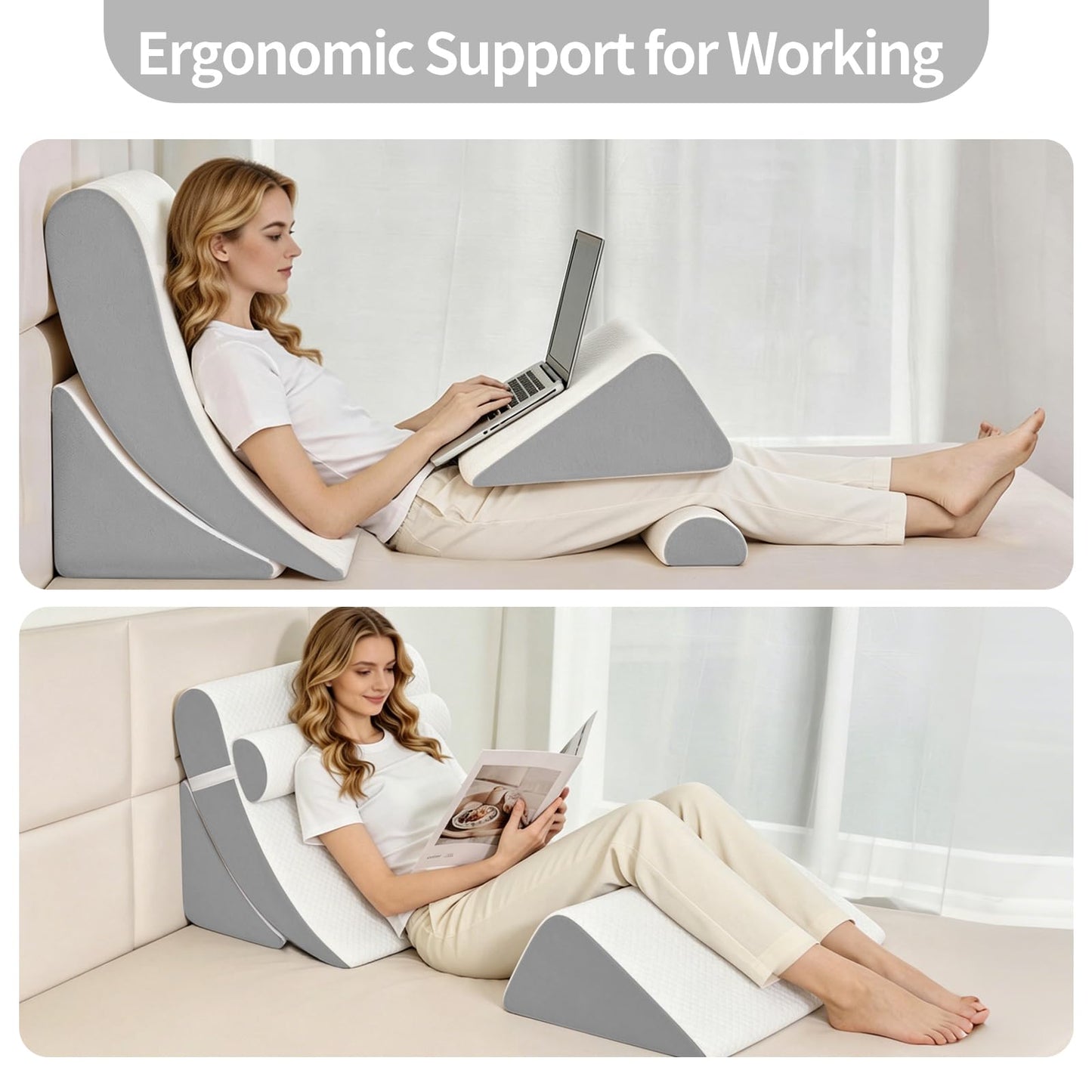 LevNubis 4PCS Orthopedic Bed Wedge Pillow Set for Post Surgery & Pain Relief,Adjustable Wedge Pillow for Back,Sitting up in Bed,Recovery,Acid Reflux,Snoring,Body Pillow for Sleeping (White/Light Grey)