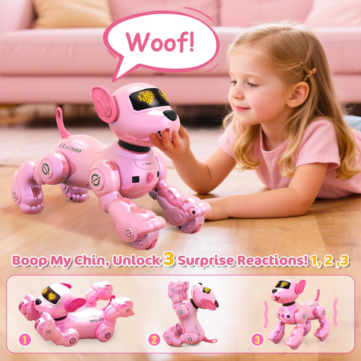 VATOS New Kids Smart Remote Control Robot Dog,17 Fun Interactive Functions Intelligent Programmable Kids Robotic Puppy with 2 Batteries, Singing Dancing Walking Robot Dog Toy for Girls 3-8 Year Pink