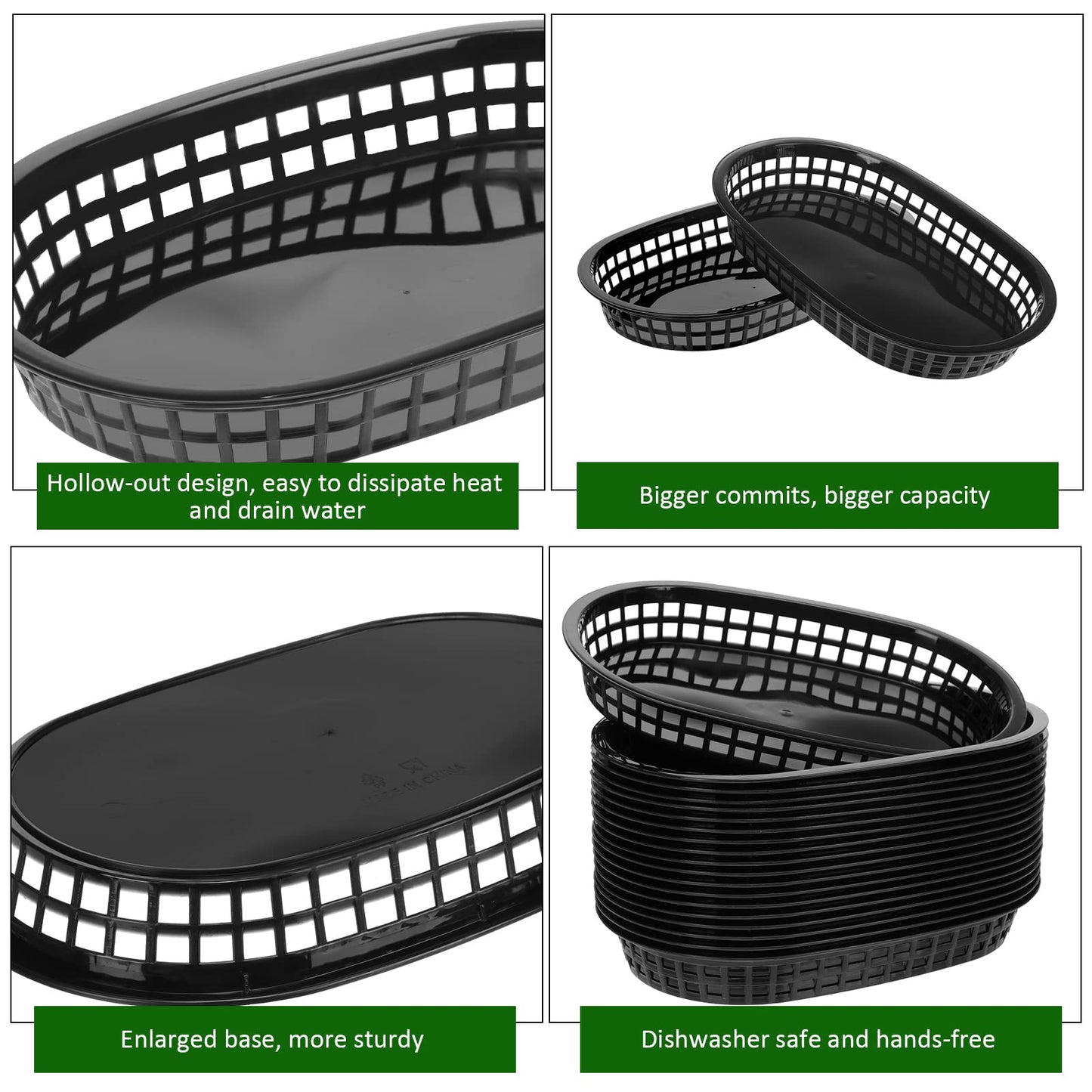 Mimorou 100 Pcs Fast Food Baskets 10.5 x 7 Inch Restaurant Tray Black Plastic Serving Baskets for Deli Serving, Chicken, Burgers, Picnics, Parties