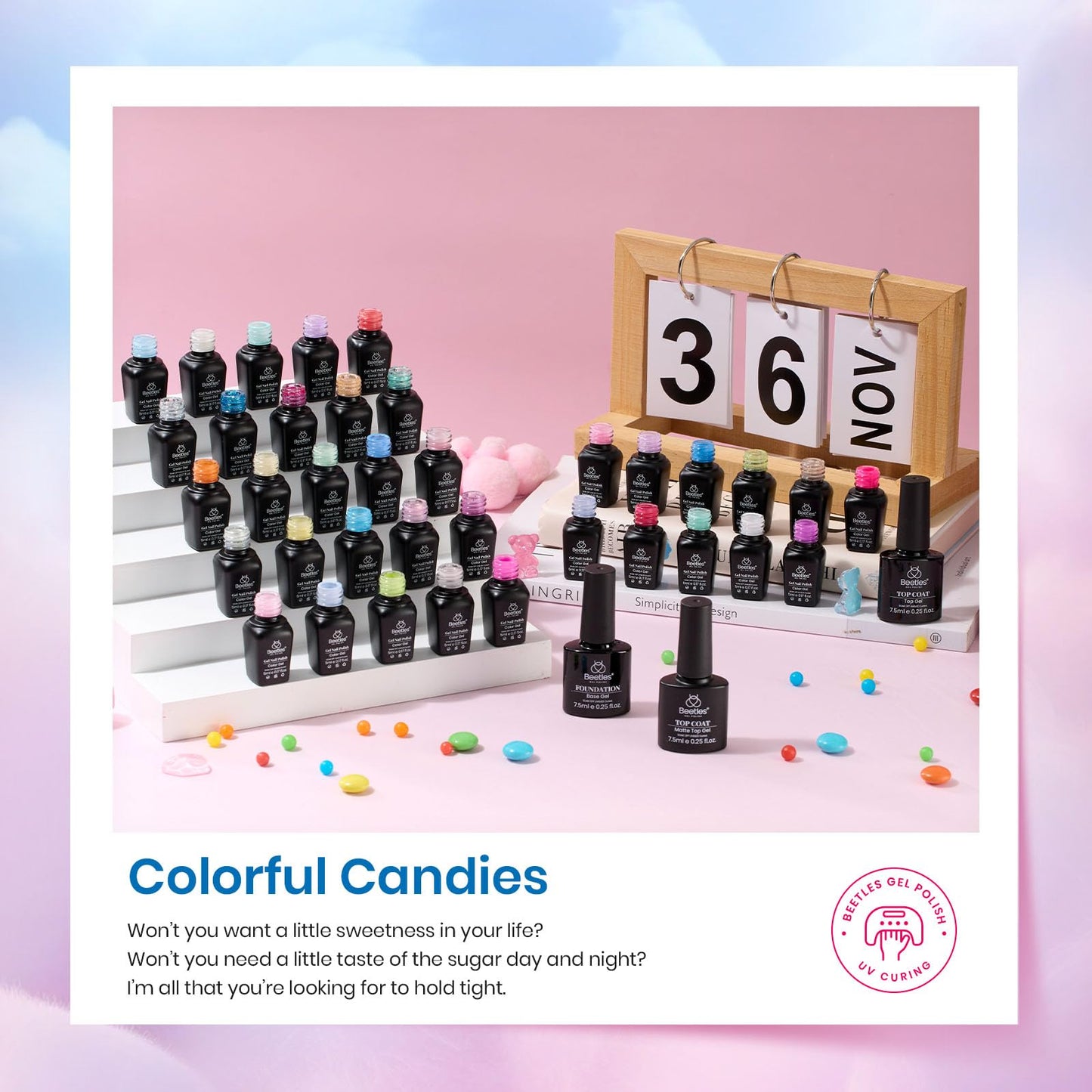 beetles Summer Gel Polish Set-39Pcs Neon Gel Nail Polish Pink Red Blue Purple Polish with Base Top Coat Soak off Uv LED Lamp Colorful Candies Manicure Kit DIY Home Gifts for Women Girls