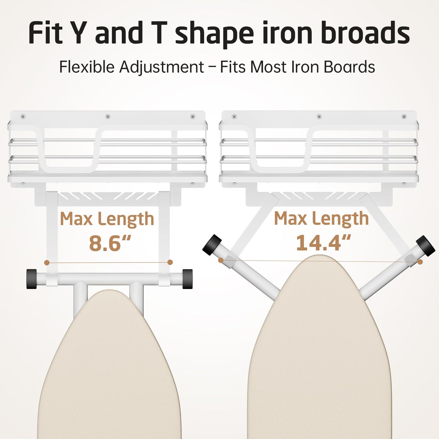 KES 90lb Heavy-Load Ironing Board Hanger Wall Mount, One-Piece Metal Frame Ironing Board Holder with T&V Shaped Hooks, Extra Large Storage Basket, No Breaking Sturdy Screws Included, White, HIR502-WH