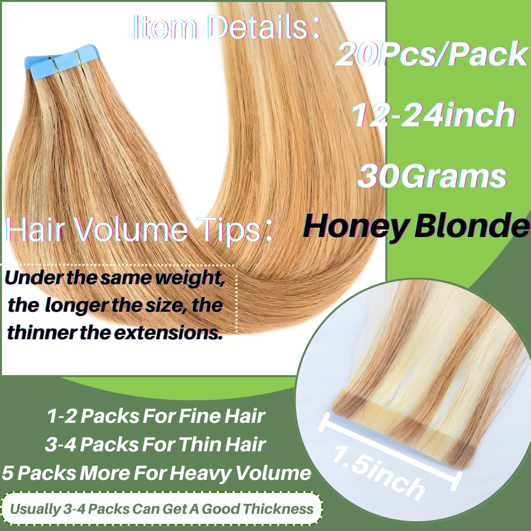 Blonde Tape in Hair Extensions Human Hair 24 Inch Long Invisible Remy Tape in Hair Extensions for Women