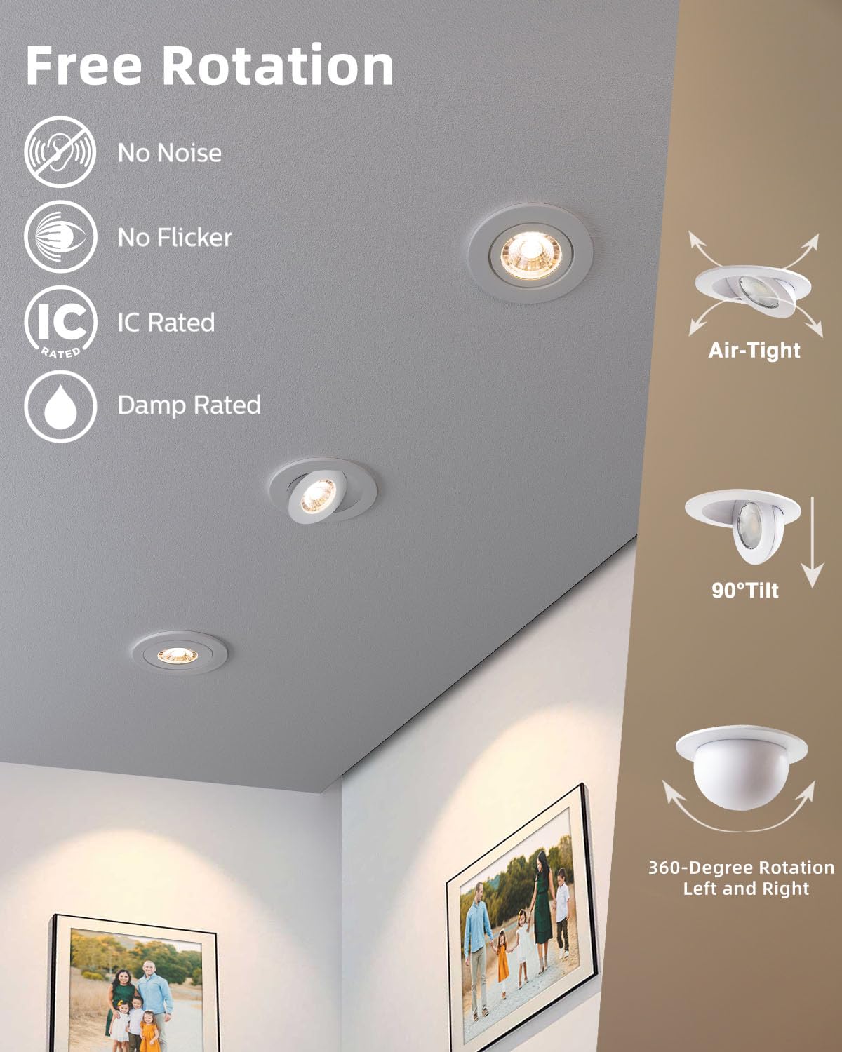 zouzai 4 inch 5CCT Adjustable Gimbal LED Recessed Light, 360°+90° Directional, Dimmable, Decorative Lighting for Home and Commercial, Ambient Lighting, Displays, Sloped Ceilings, 6-Pack White ETL