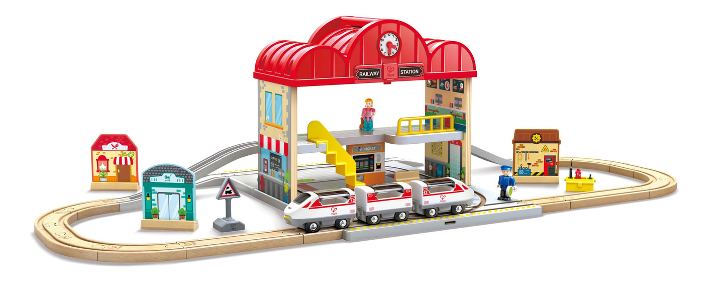 Hape Portable Wooden Train Station Set, Children's Train Set, Rails, Train Station and Characters, Easy to Carry