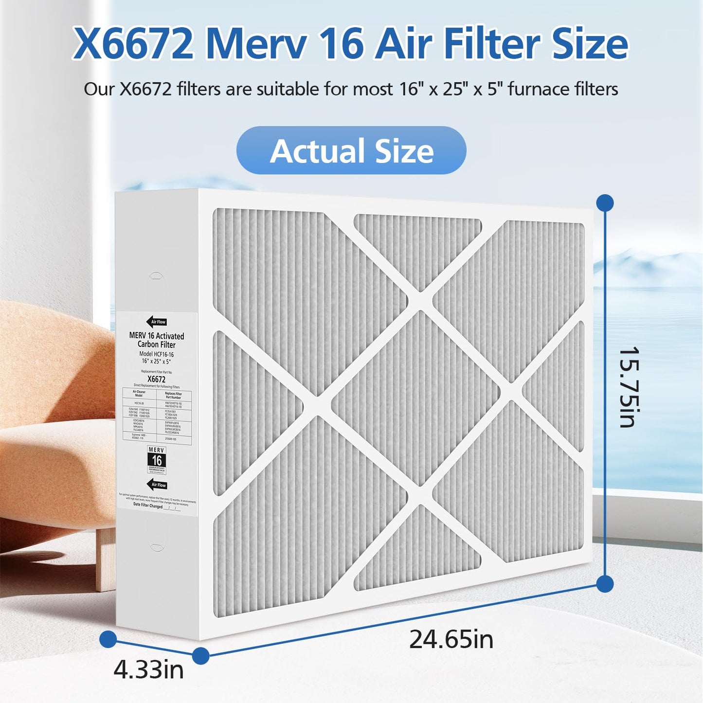 2 Pack X6672 16x25x5 MERV 16 Filter Compatible with Lennox X6672 and Lennox HCC16-28 Healthy Climate Carbon Clean MERV 16 Home Furnace Filter for HVAC System, Part Number HCF16-16, HCF16-10