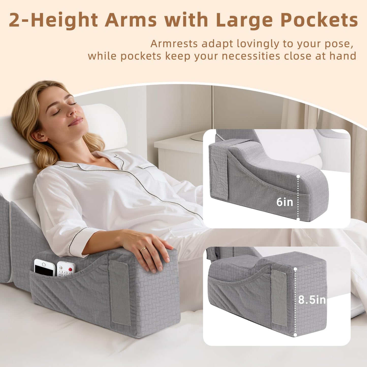 ESUERDO 5PCS Reading Pillow for Sitting in Bed Adult, 2 in 1 Foldable Back Wedge Pillow for Sleep, Ergonomic Back Support Pillow with Arms for Watching TV, Gaming, Working, Recovery, 19” White/Grey