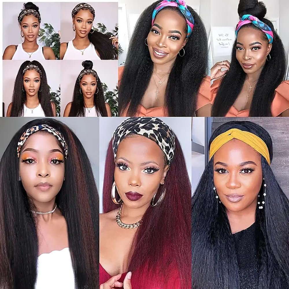 Kinky Straight Headband Wigs Human Hair For Black Women 12A 180 Density Yaki Straight Human Hair Headband Wig Half Wigs For Black Women Headband Human Hair Wig Natural Black 18 inch