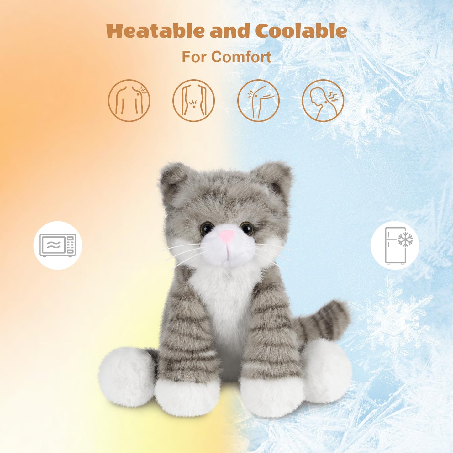 SuzziPals Heatable & Coolable Grey Cats Stuffed Animals, Microwave Heating Pad Animal for Discomfort, Grey Cats Plush for Companion, Cat Plushies Stuffed Animal, Stuffed Cat Toys Gift