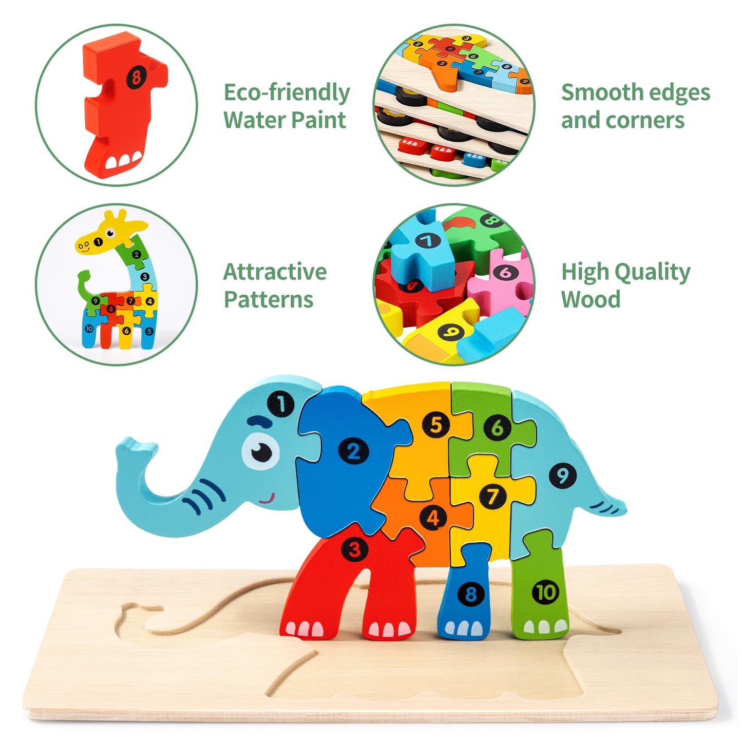 9 Pack, Wooden Puzzles for Kids, Toddler Number Puzzle, Animal Dinosaur Toddler Toys, Montessori Toys for Kids Ages 3+