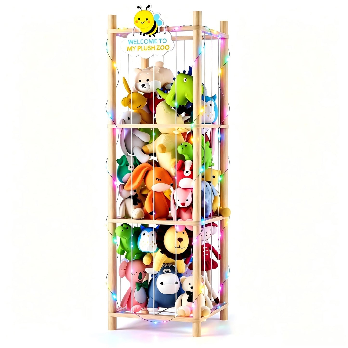 Hsenowi Stuffed Animal Storage Zoo Organizer Natural Pine Plushies Storage with Elastic Bands Vertical Wood Toy Holder Mesh Net Space Saving Design for Playroom Nursery Kids Bedroom