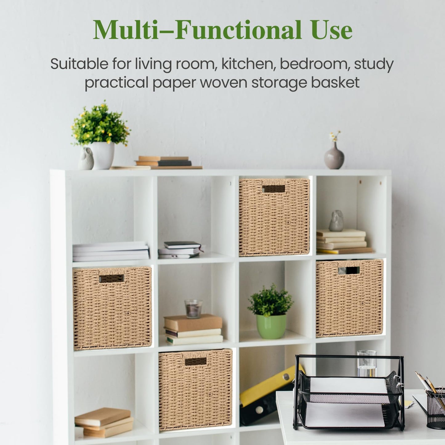 Woven Wicker Storage Baskets 2-Pack, 11x11 Handwoven Paper Rope Organizer Bins, Foldable Cube Storage Cubes with Built-in Handles for Shelves and Closet Organization(Natural Beige)