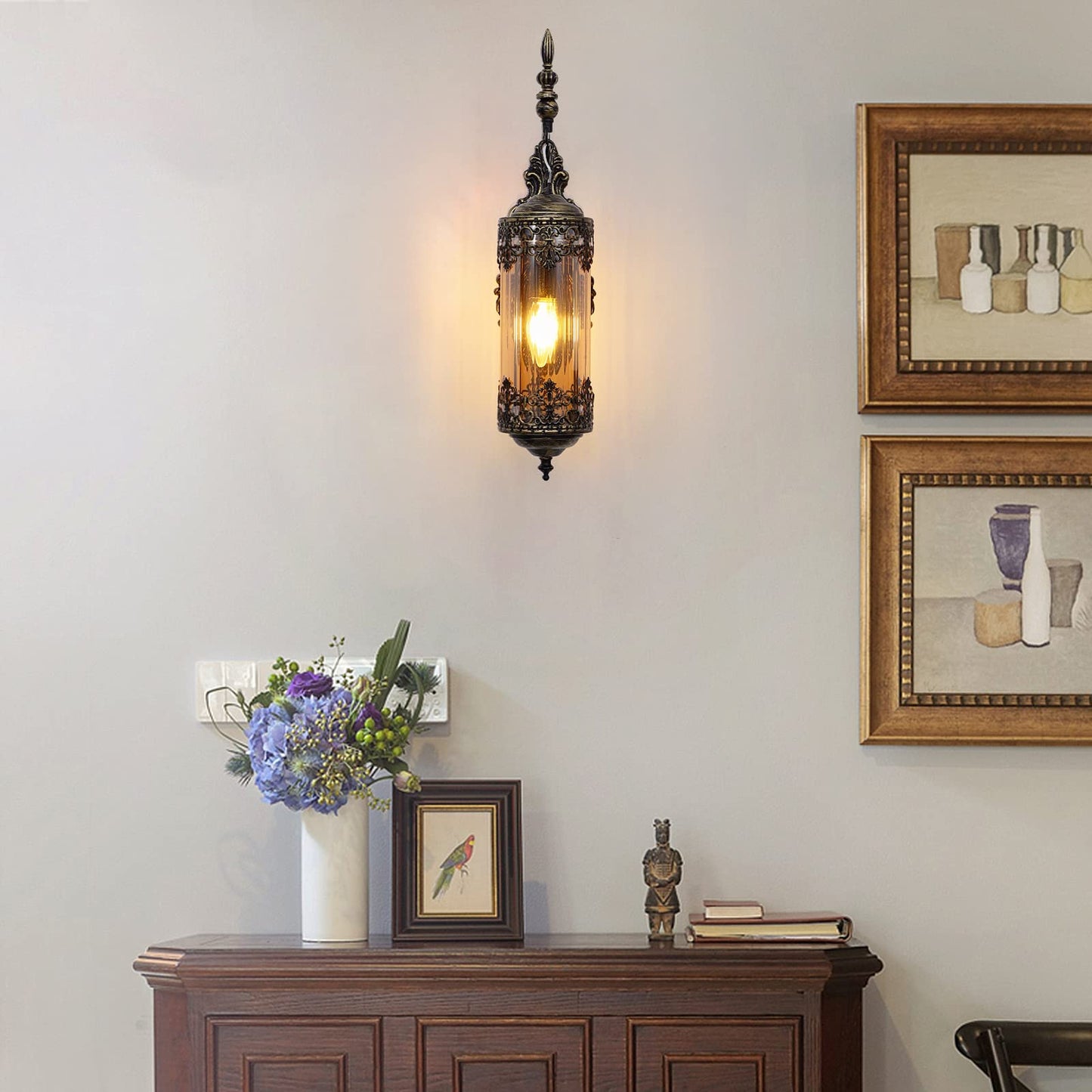 RONGHUAFUGUI Rustic Wall Sconce with Amber Glass Mini Vintage Antique Gothic Wall Light Fixture Retro Farmhouse Mid Centry Lantern Wall Sconce for Bedroom, Hallway, Mirror, Bursh Gold, E12