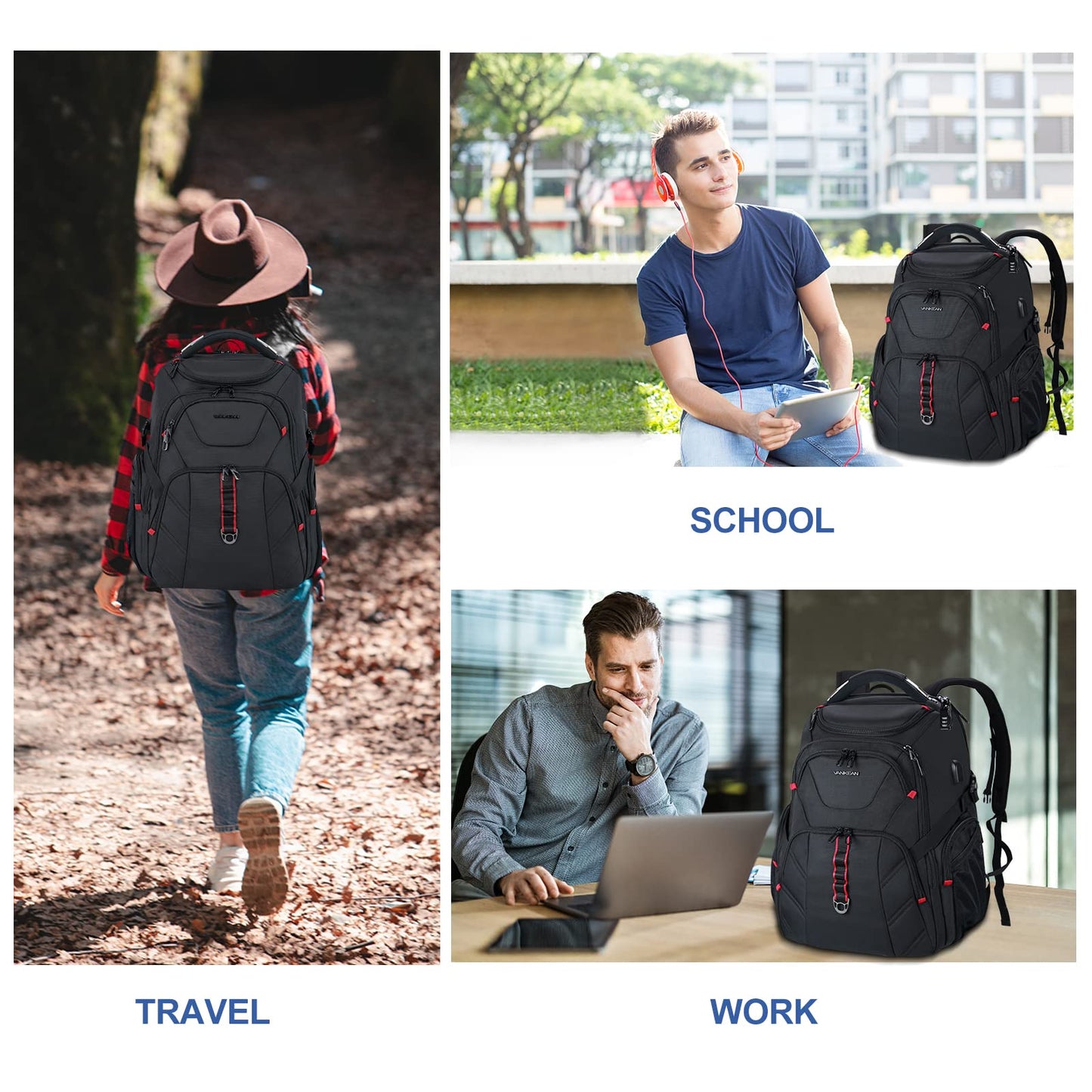 VANKEAN 17.3'' Travel Laptop Backpack TSA Friendly, Water Resistant Anti Theft Extra Large College Backpacks with RFID Pockets, USB Port for Men Women Business Work Bag, Black