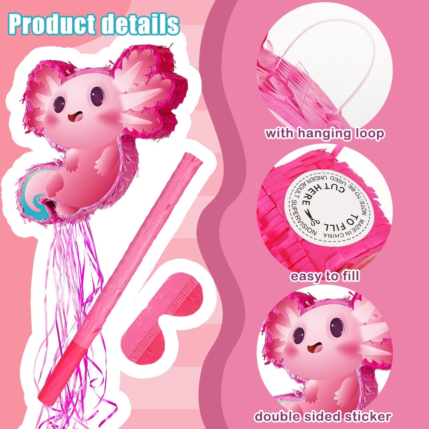 Seematn Axolotl Piñata Birthday Party Supplies Animals Piñata with a Blindfold, Bat and Confetti for Axolotl Party Favor Kid Girl Birthday Baby Shower Supplies, 15. 75 x 12. 2 x 2. 95 Inch