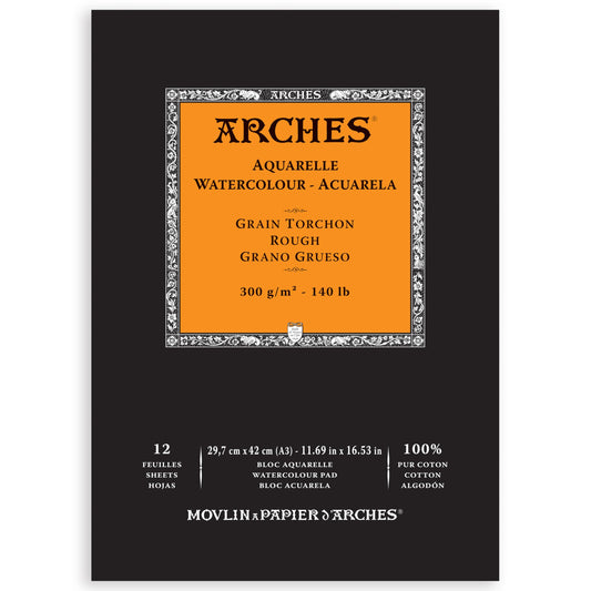 Arches Watercolor Pad 11.69x16.53-inch - Natural White 100% Cotton Paper - 12 Sheet Arches Watercolor Paper 140 lb Rough Pad - Arches Art Paper for Watercolor Gouache Ink Acrylic and More
