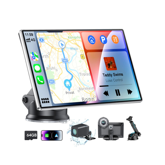 9" Portable CarPlay Screen for Car, CooCom UHD Car Stereo with Touch Screen with Apple CarPlay&Android Auto,4K Dash Cam,1080P Backup Camera,Mirror Link, Voice Control, Bluetooth 5.3,GPS,FM