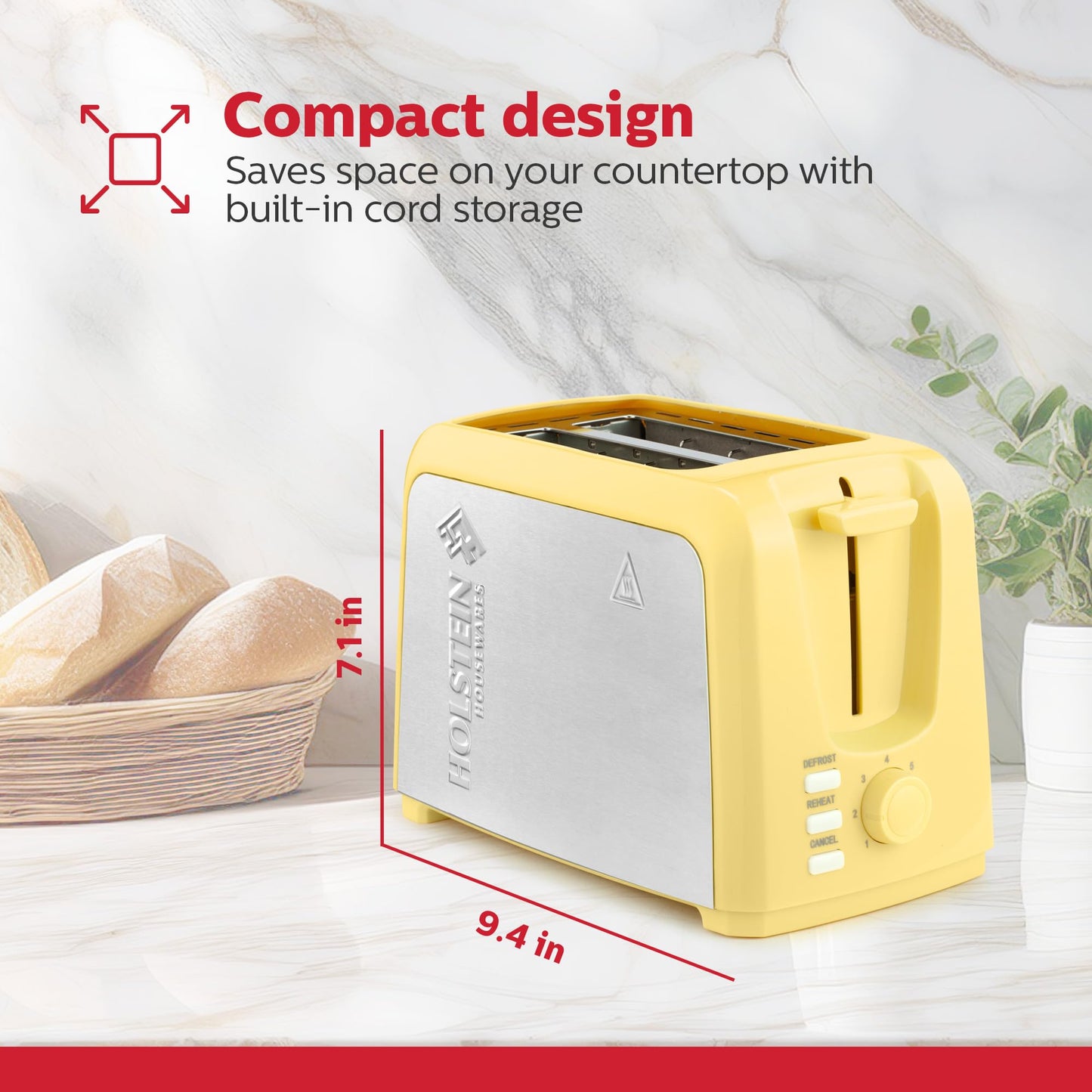 Holstein Housewares 2-Slice Toaster with 7 Browning Settings, Extra-Wide Slots, Reheat, Defrost, Cancel, High-Lift Release, Removable Crumb Tray – Compact Stainless Steel, Yellow